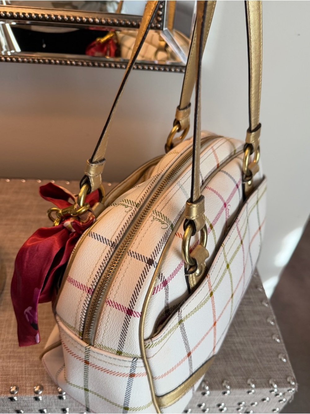 Coach White Plaid Satchel with Gold Straps and Red Charm - Picture 4 of 9